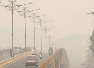 Pengendara menembus kabut asap dampak dari kebakaran hutan dan lahan di Pekanbaru, Riau, Kamis (12/9/2019). (ANTARA)